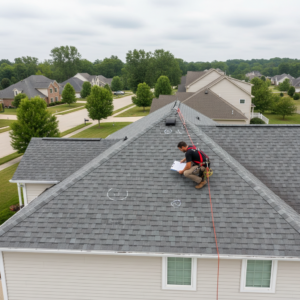 Roofer inspecting and marking hail damage on a shingle roof in St. Charles County Missouri