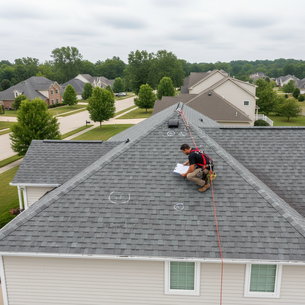 Roofer inspecting and marking hail damage on a shingle roof in St. Charles County Missouri